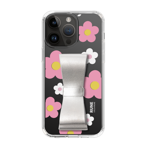Slim Protection Case - STAND & RING RIBBON Silver［ Rune Naito - RUNE Flower - Pink ］