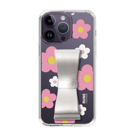 Slim Protection Case - STAND & RING RIBBON Silver［ Rune Naito - RUNE Flower - Pink ］