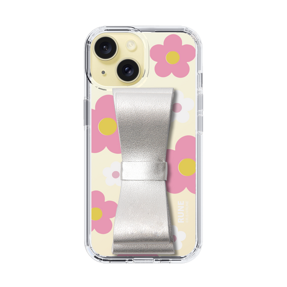 Slim Protection Case - STAND & RING RIBBON Silver［ Rune Naito - RUNE Flower - Pink ］
