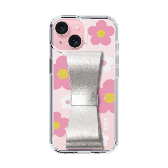 Slim Protection Case - STAND & RING RIBBON Silver［ Rune Naito - RUNE Flower - Pink ］