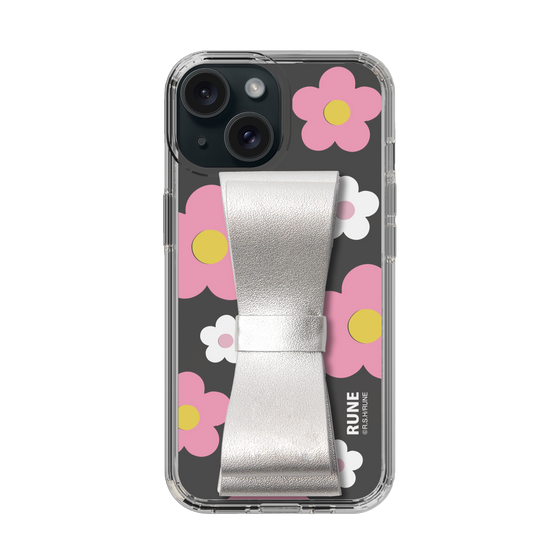 Slim Protection Case - STAND & RING RIBBON Silver［ Rune Naito - RUNE Flower - Pink ］