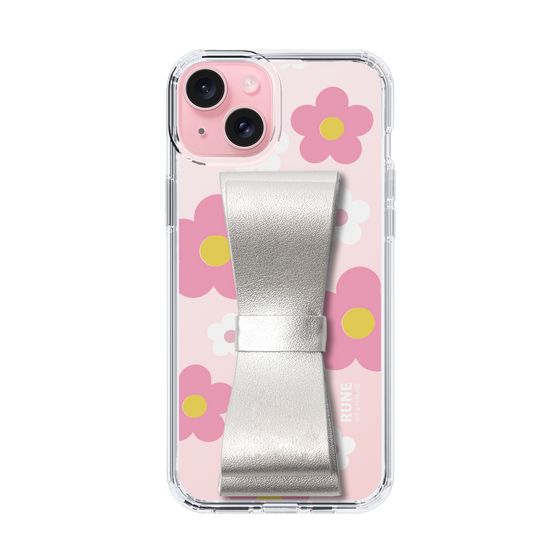 Slim Protection Case - STAND & RING RIBBON Silver［ Rune Naito - RUNE Flower - Pink ］