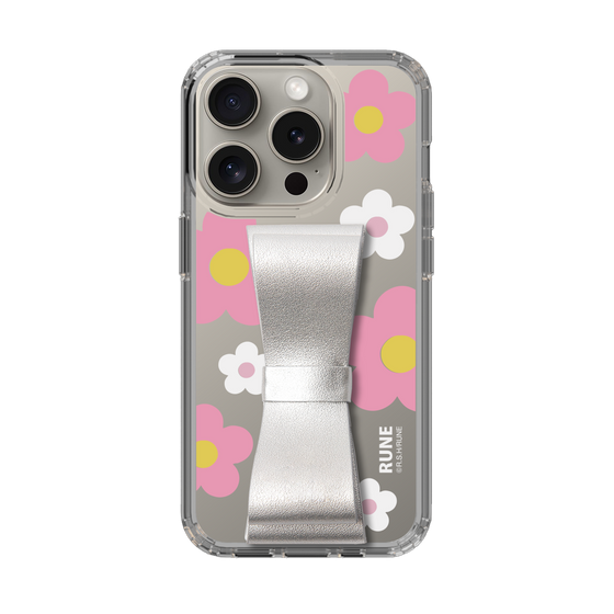 Slim Protection Case - STAND & RING RIBBON Silver［ Rune Naito - RUNE Flower - Pink ］