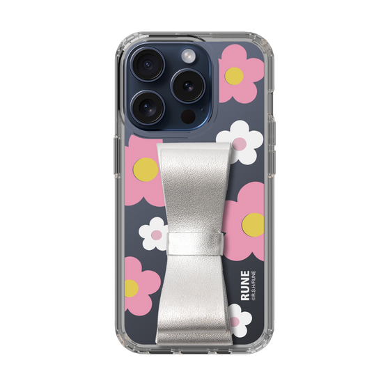 Slim Protection Case - STAND & RING RIBBON Silver［ Rune Naito - RUNE Flower - Pink ］