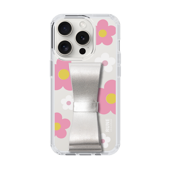 Slim Protection Case - STAND & RING RIBBON Silver［ Rune Naito - RUNE Flower - Pink ］