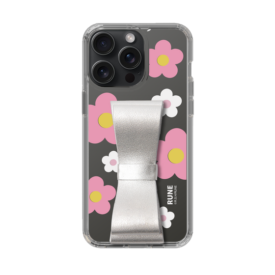 Slim Protection Case - STAND & RING RIBBON Silver［ Rune Naito - RUNE Flower - Pink ］