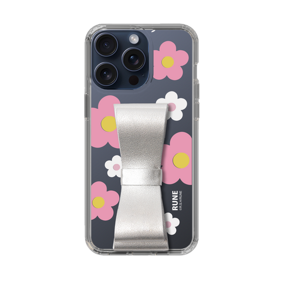 Slim Protection Case - STAND & RING RIBBON Silver［ Rune Naito - RUNE Flower - Pink ］