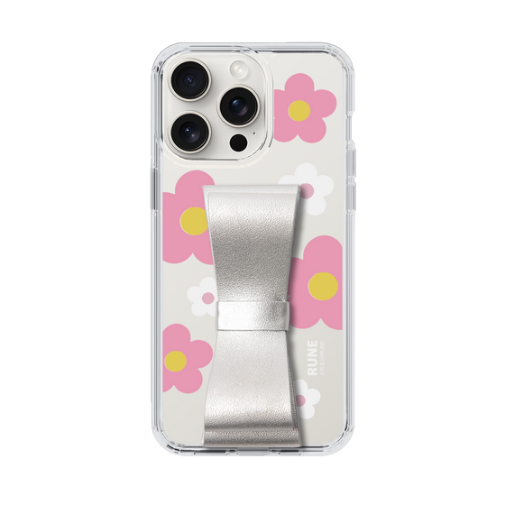 Slim Protection Case - STAND & RING RIBBON Silver［ Rune Naito - RUNE Flower - Pink ］
