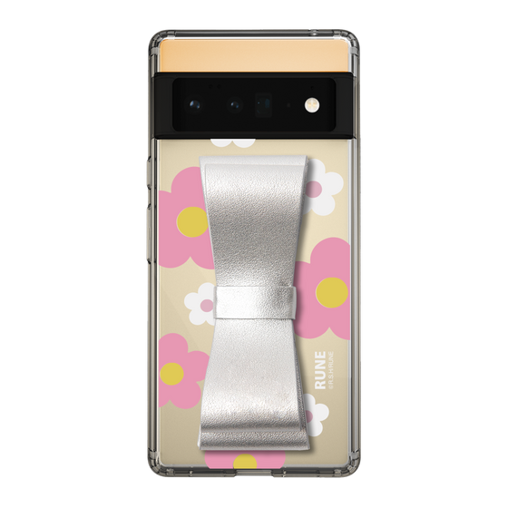 Slim Protection Case - STAND & RING RIBBON Silver［ Rune Naito - RUNE Flower - Pink ］