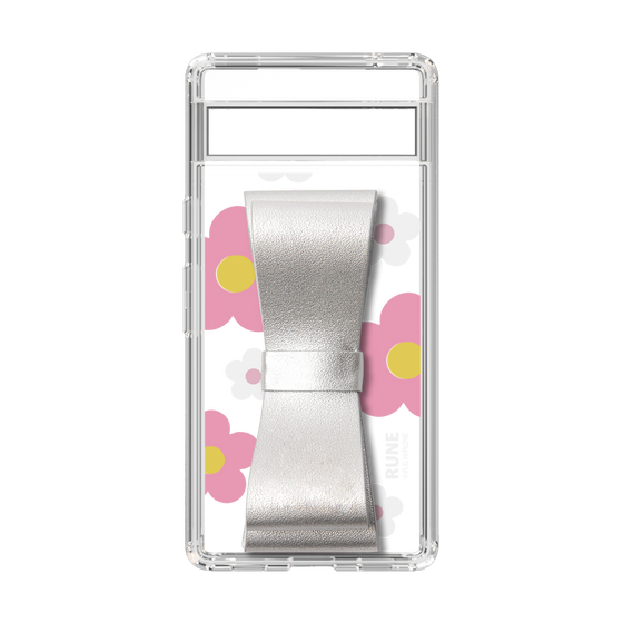 Slim Protection Case - STAND & RING RIBBON Silver［ Rune Naito - RUNE Flower - Pink ］