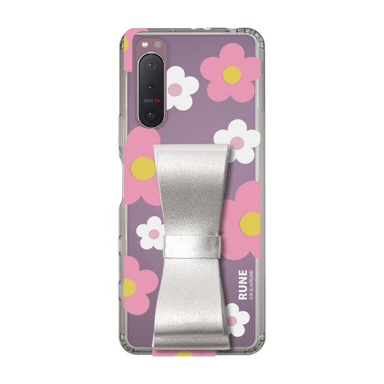 Slim Protection Case - STAND & RING RIBBON Silver［ Rune Naito - RUNE Flower - Pink ］