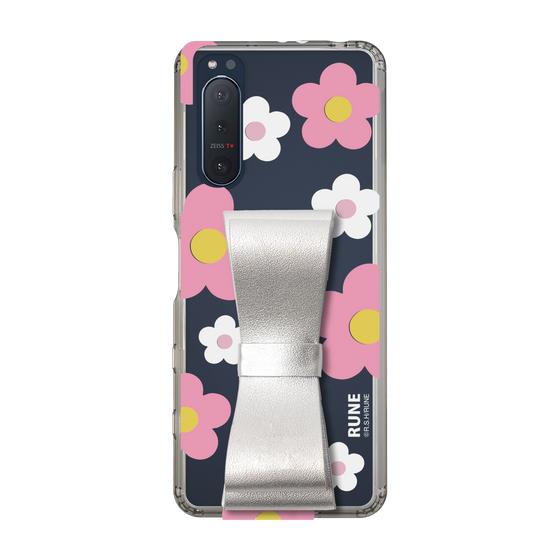 Slim Protection Case - STAND & RING RIBBON Silver［ Rune Naito - RUNE Flower - Pink ］