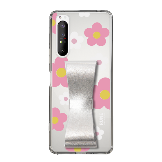 Slim Protection Case - STAND & RING RIBBON Silver［ Rune Naito - RUNE Flower - Pink ］