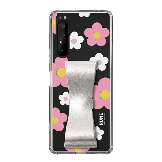 Slim Protection Case - STAND & RING RIBBON Silver［ Rune Naito - RUNE Flower - Pink ］