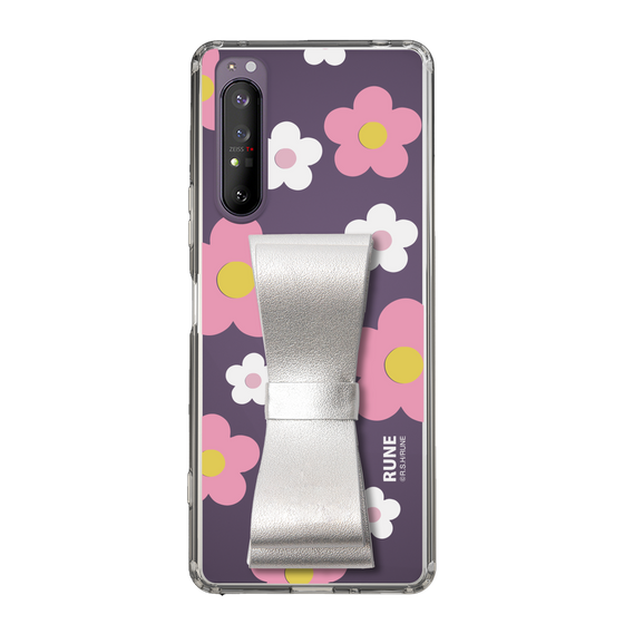 Slim Protection Case - STAND & RING RIBBON Silver［ Rune Naito - RUNE Flower - Pink ］