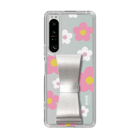 Slim Protection Case - STAND & RING RIBBON Silver［ Rune Naito - RUNE Flower - Pink ］