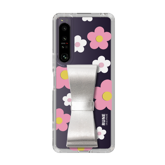 Slim Protection Case - STAND & RING RIBBON Silver［ Rune Naito - RUNE Flower - Pink ］