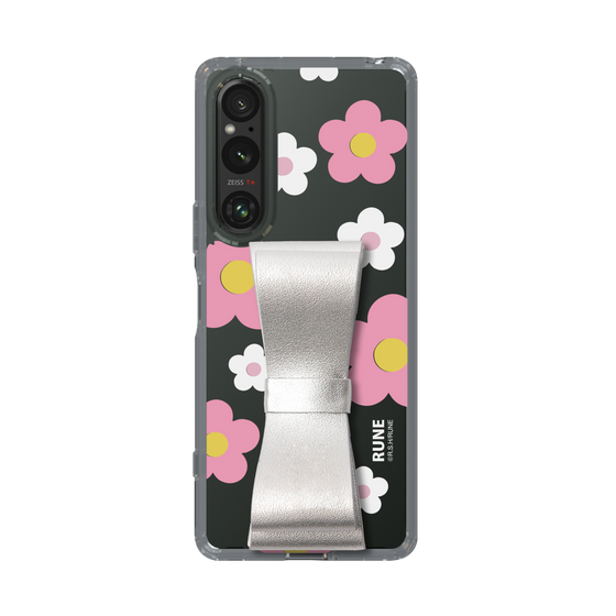 Slim Protection Case - STAND & RING RIBBON Silver［ Rune Naito - RUNE Flower - Pink ］