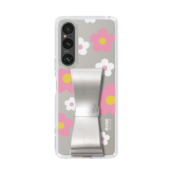 Slim Protection Case - STAND & RING RIBBON Silver［ Rune Naito - RUNE Flower - Pink ］