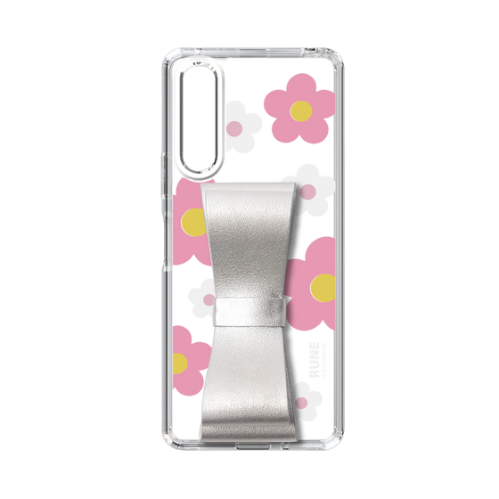 Slim Protection Case - STAND & RING RIBBON Silver［ Rune Naito - RUNE Flower - Pink ］