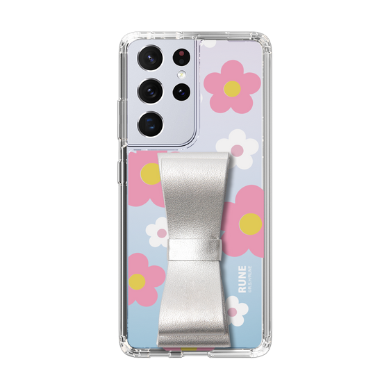 Slim Protection Case - STAND & RING RIBBON Silver［ Rune Naito - RUNE Flower - Pink ］