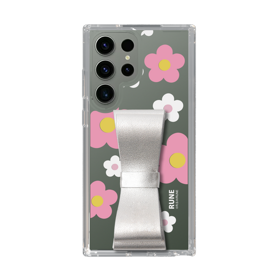 Slim Protection Case - STAND & RING RIBBON Silver［ Rune Naito - RUNE Flower - Pink ］
