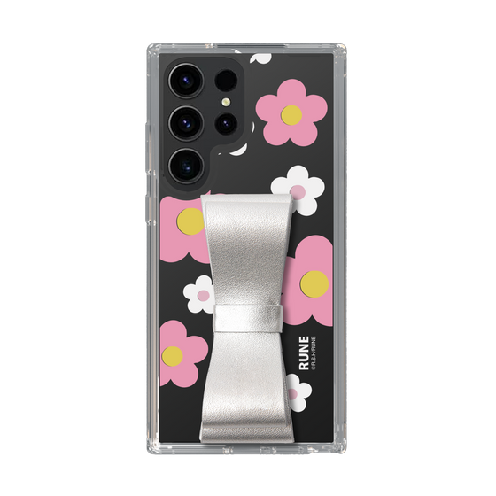 Slim Protection Case - STAND & RING RIBBON Silver［ Rune Naito - RUNE Flower - Pink ］