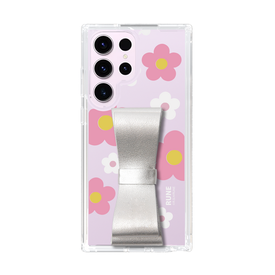 Slim Protection Case - STAND & RING RIBBON Silver［ Rune Naito - RUNE Flower - Pink ］