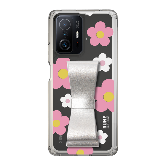 Slim Protection Case - STAND & RING RIBBON Silver［ Rune Naito - RUNE Flower - Pink ］