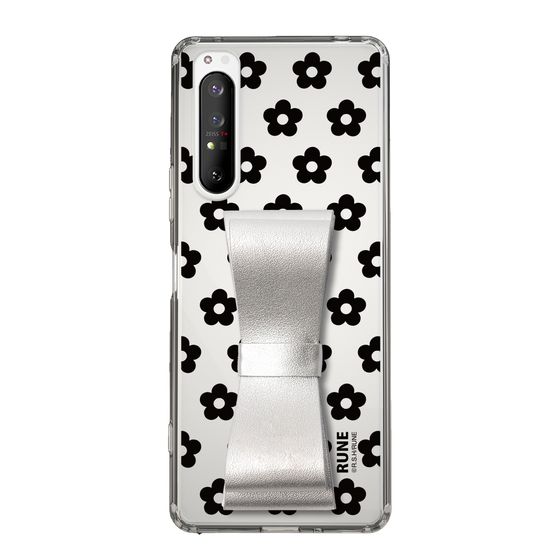 Slim Protection Case - STAND & RING RIBBON Silver［ Rune Naito - RUNE Flower - Black ］