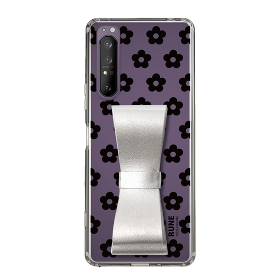 Slim Protection Case - STAND & RING RIBBON Silver［ Rune Naito - RUNE Flower - Black ］